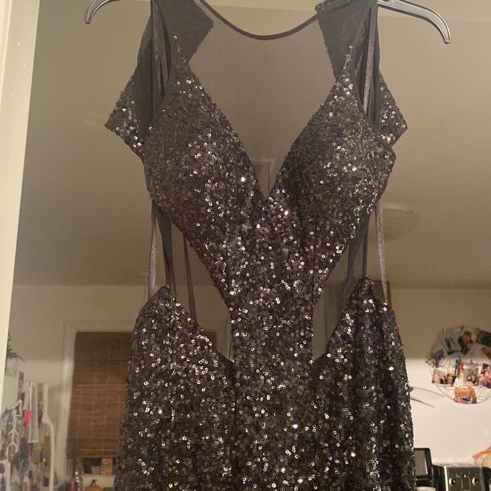 Black sequin and mesh long prom evening formal dress